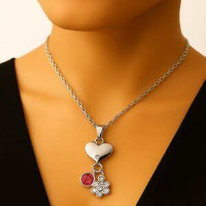 Necklace - Sterling Silver Overlay Heart & Flower Pendant – Swarovski Crystal